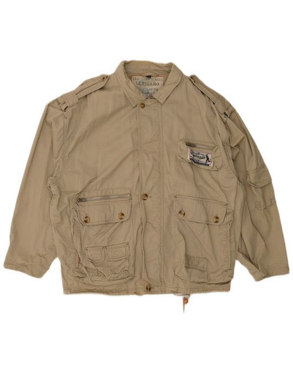 Vintage Mens Loose Fit Military Jacket IT 52/54 Large Beige Cotton