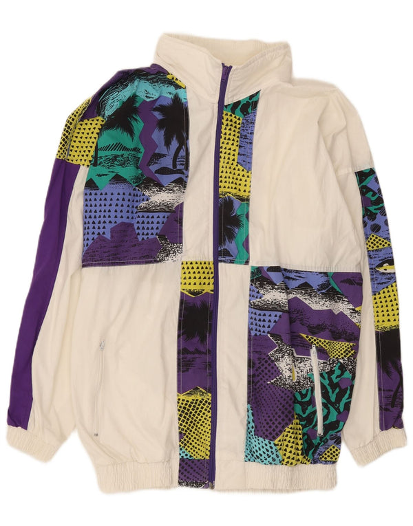 Vintage Mens Tracksuit Top Jacket Large White Patchwork Polyester