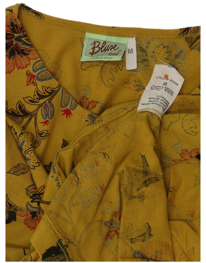 VINTAGE Womens Blouse Top UK 12 Medium Yellow Floral Cotton