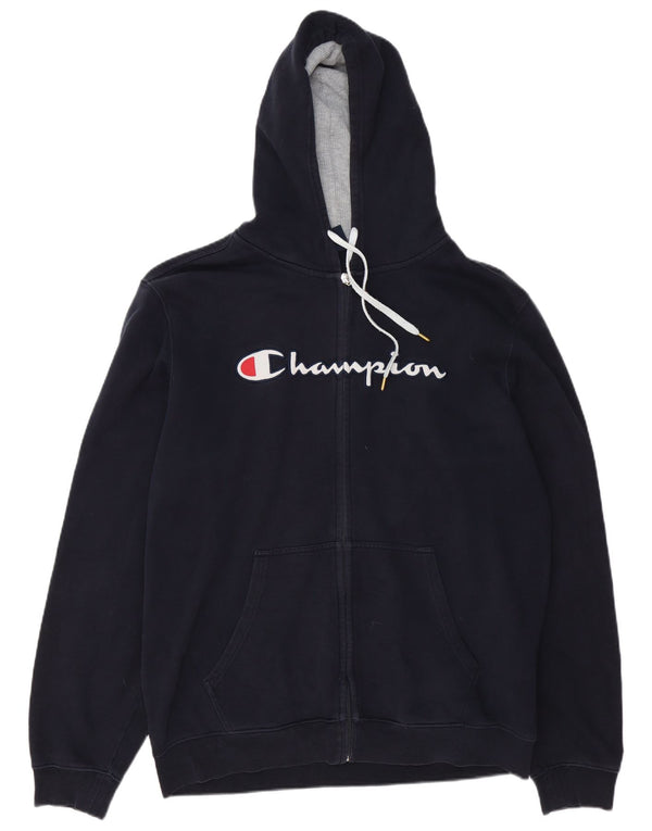 Champion Mens Graphic Zip Hoodie Sweater 2XL Navy Blue Cotton