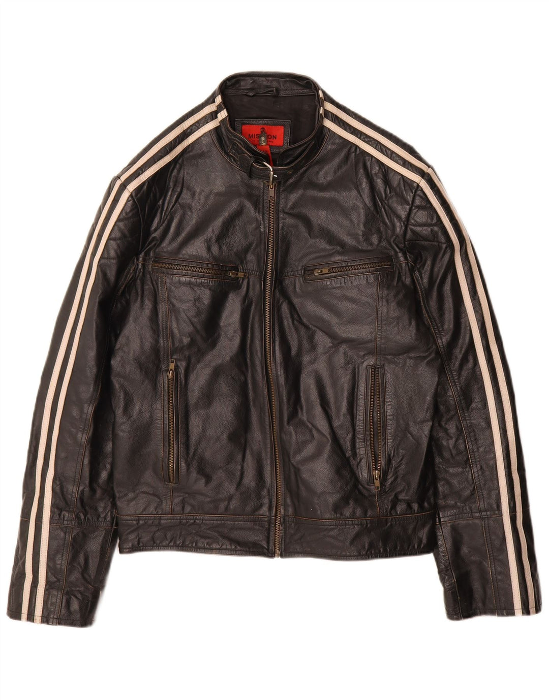 Mission Womens Moto Racer Leather Jacket UK 40 Large Black Striped Leather