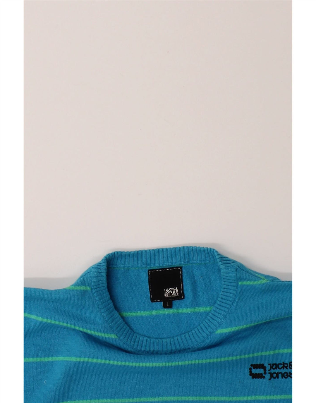 JACK & JONES Mens Crew Neck Jumper Sweater Large Blue Striped Cotton Vintage Jack & Jones and Second-Hand Jack & Jones from Messina Hembry 