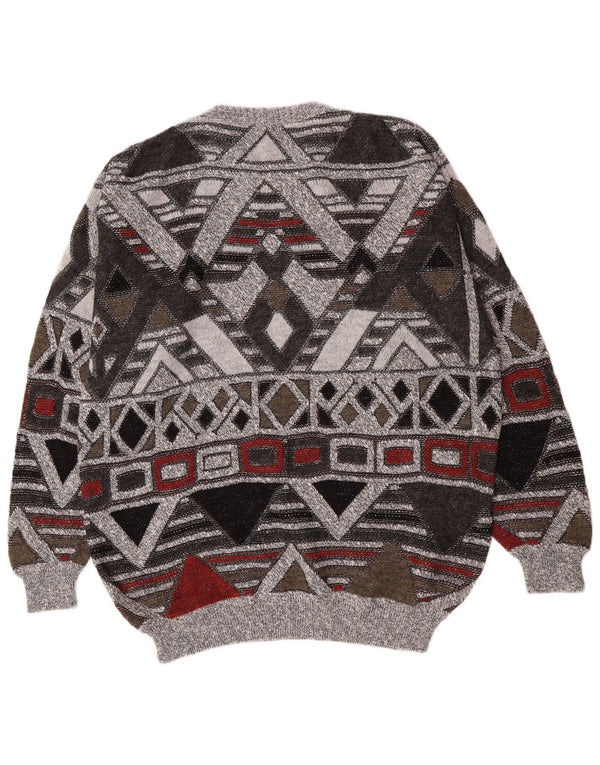 Vintage Mens Crew Neck Jumper Sweater UK 38/40 Medium Grey Geometric