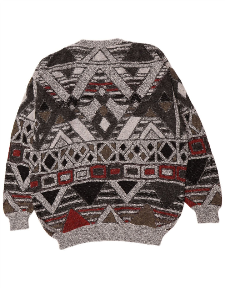Vintage Mens Crew Neck Jumper Sweater UK 38/40 Medium Grey Geometric