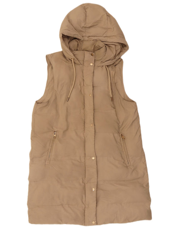 Zara Womens Hooded Sleeveless Padded Coat UK 16 Large Beige Polyester