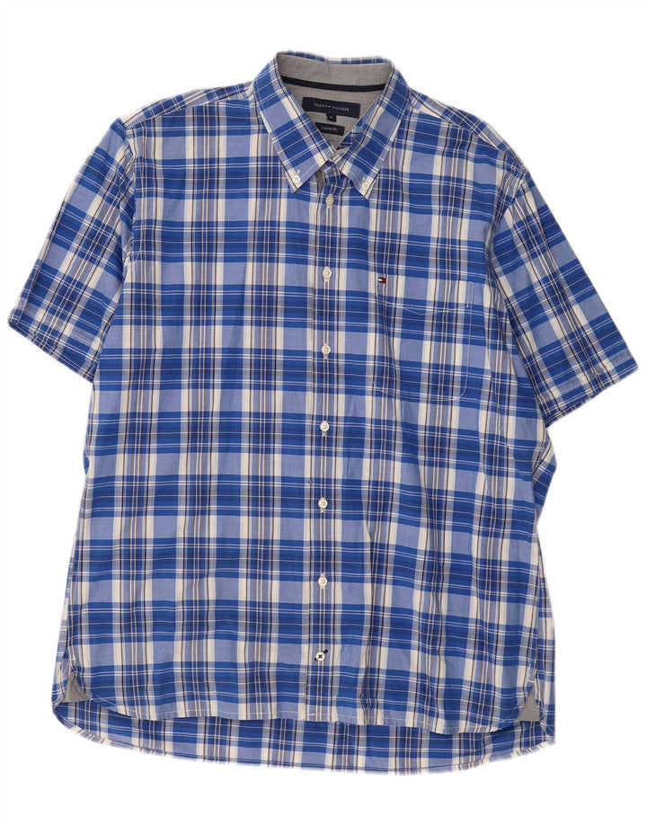TOMMY HILFIGER Mens Short Sleeve Custom Fit Shirt XL Blue Check Cotton