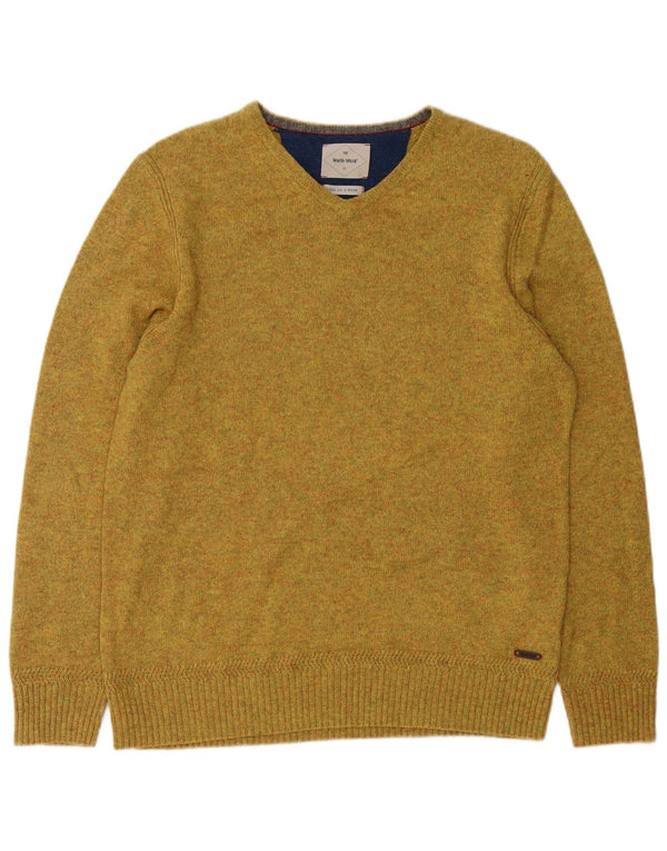 White Stuff Mens V-Neck Jumper Sweater Medium Yellow Lambswool