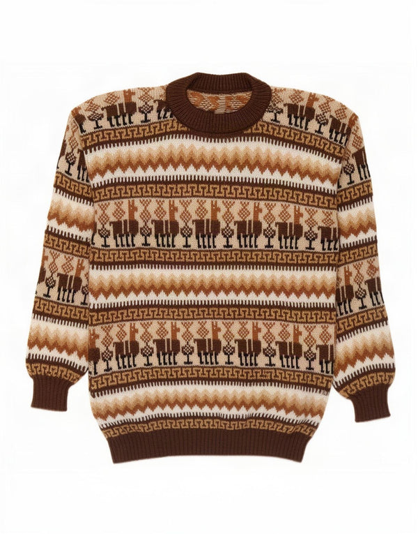 Vintage Mens Crew Neck Jumper Sweater Medium Brown Fair Isle