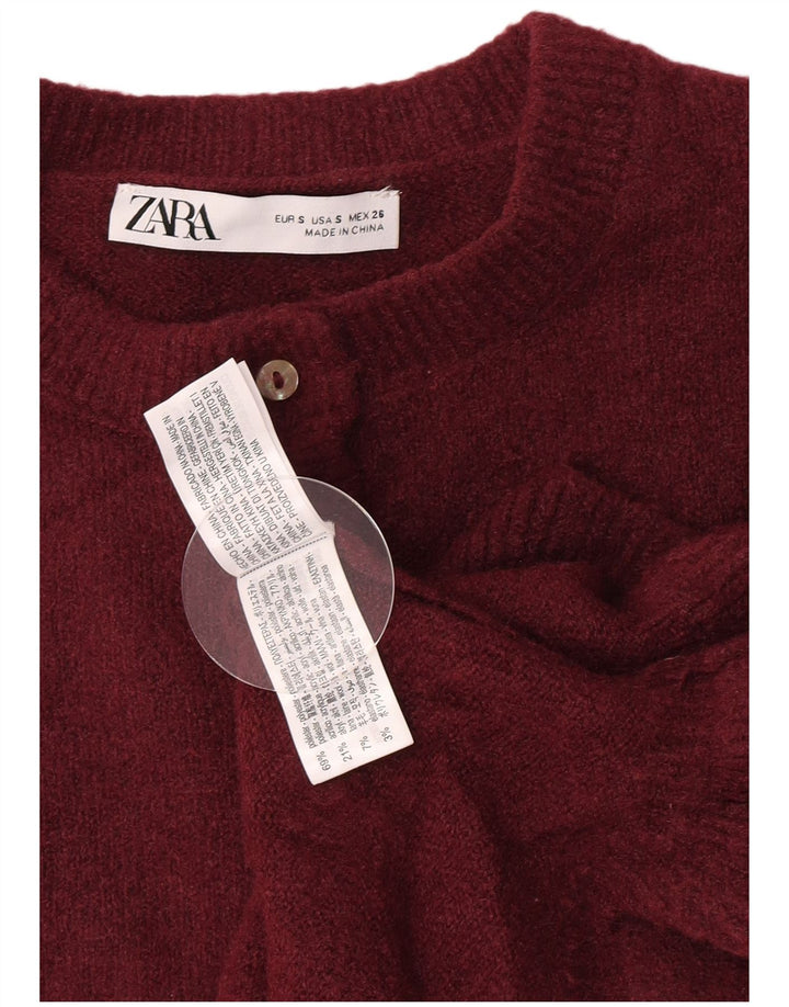 Zara Womens Crop Cardigan Sweater UK 10 Small Burgundy Polyester