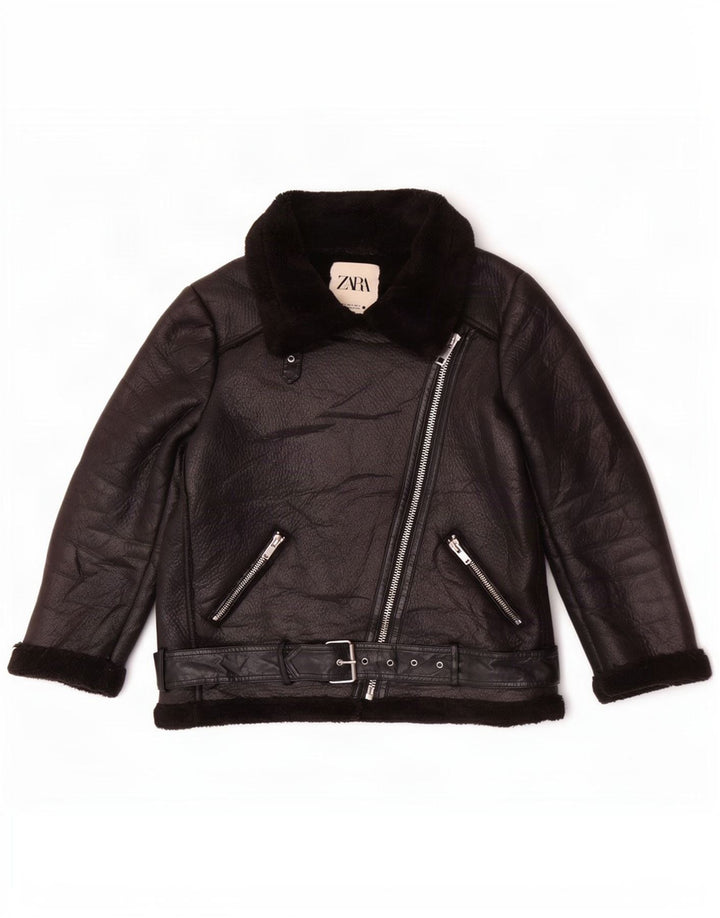 Zara Womens Sherpa Faux Leather Biker Jacket UK 14 Medium Black Polyester