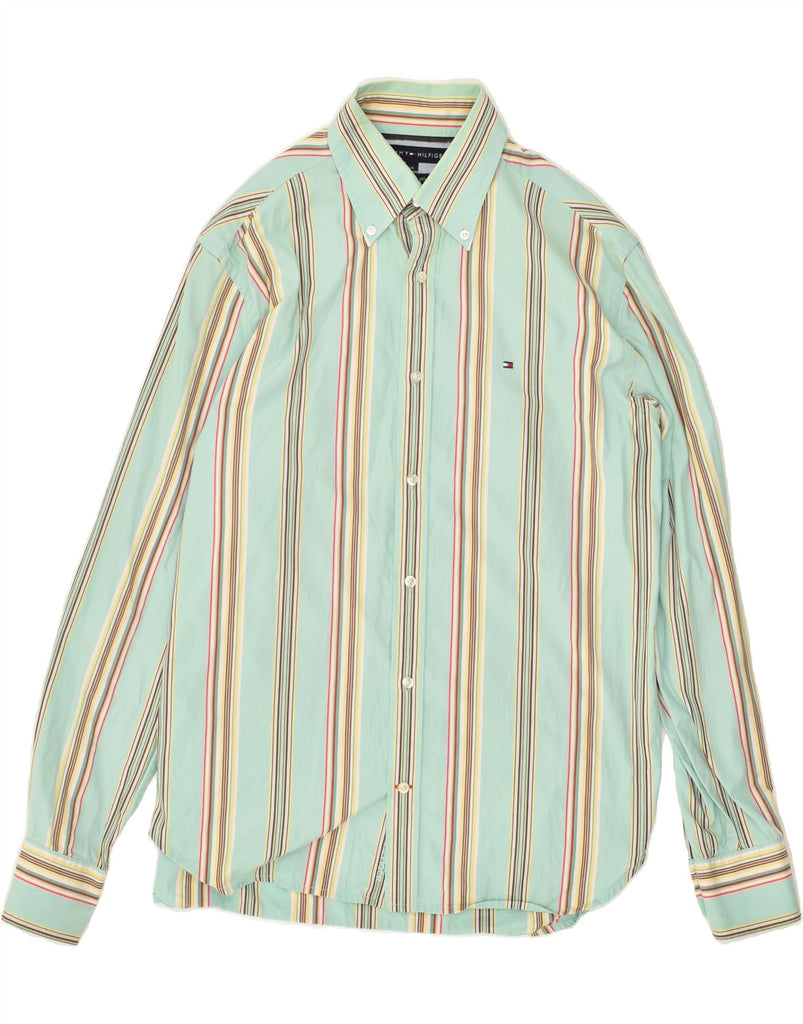 TOMMY HILFIGER Mens 80'S Two Ply Shirt Medium Green Striped Cotton | Vintage Tommy Hilfiger | Thrift | Second-Hand Tommy Hilfiger | Used Clothing | Messina Hembry 