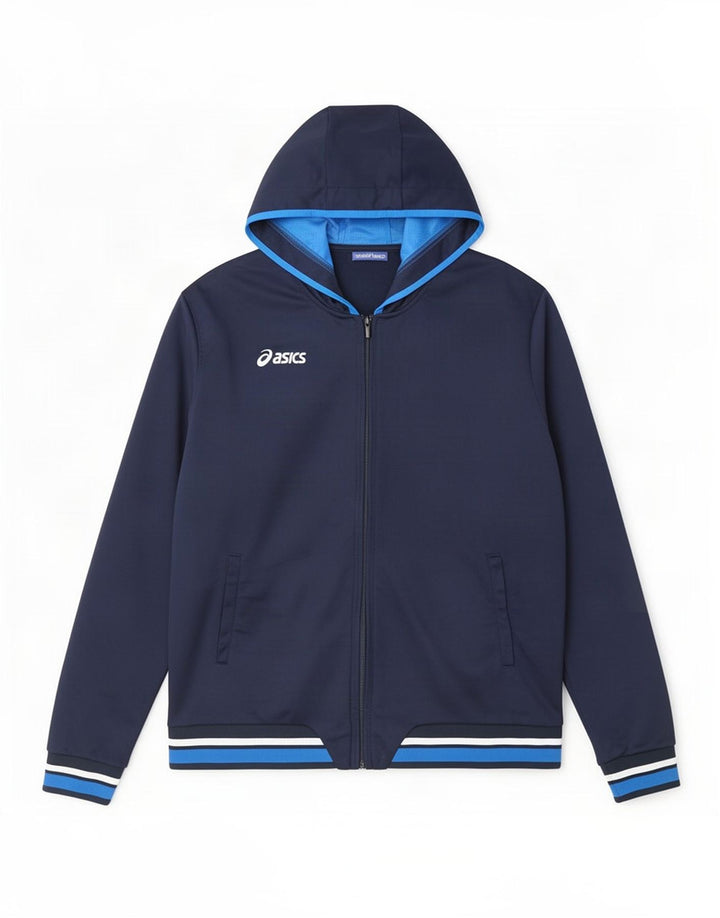 Asics Mens Hooded Tracksuit Top Jacket Large Navy Blue Colourblock