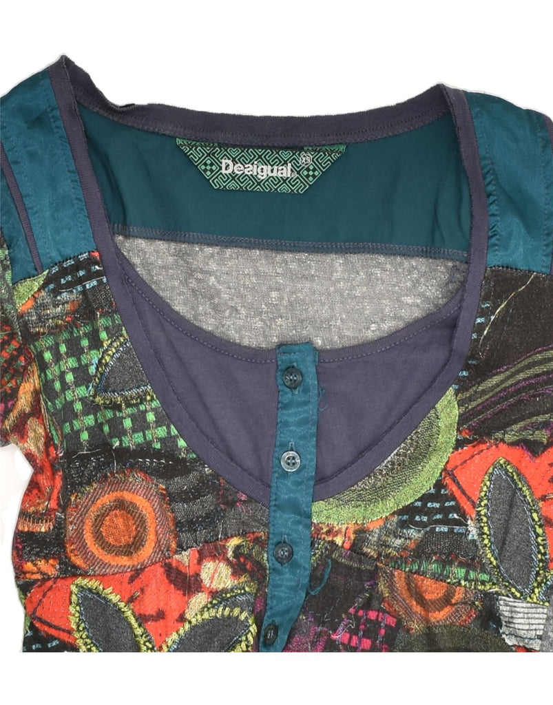 DESIGUAL Womens Graphic Top Long Sleeve UK 4 XS Blue Floral Cotton | Vintage Desigual | Thrift | Second-Hand Desigual | Used Clothing | Messina Hembry 