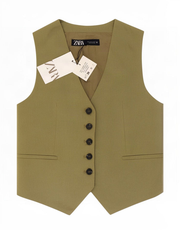 Zara Womens Waistcoat UK 14 Medium Khaki Linen