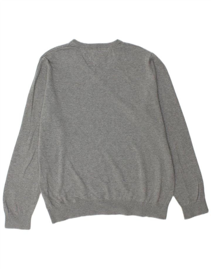 TOMMY HILFIGER Mens V-Neck Jumper Sweater Large Grey Cotton