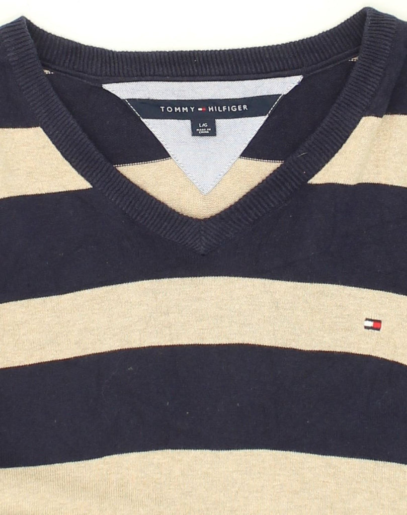 TOMMY HILFIGER Mens V-Neck Jumper Sweater Large Navy Blue Striped Cotton | Vintage Tommy Hilfiger | Thrift | Second-Hand Tommy Hilfiger | Used Clothing | Messina Hembry 