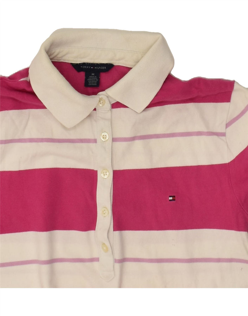 TOMMY HILFIGER Womens Polo Shirt UK 12 Medium Pink Striped Cotton | Vintage Tommy Hilfiger | Thrift | Second-Hand Tommy Hilfiger | Used Clothing | Messina Hembry 