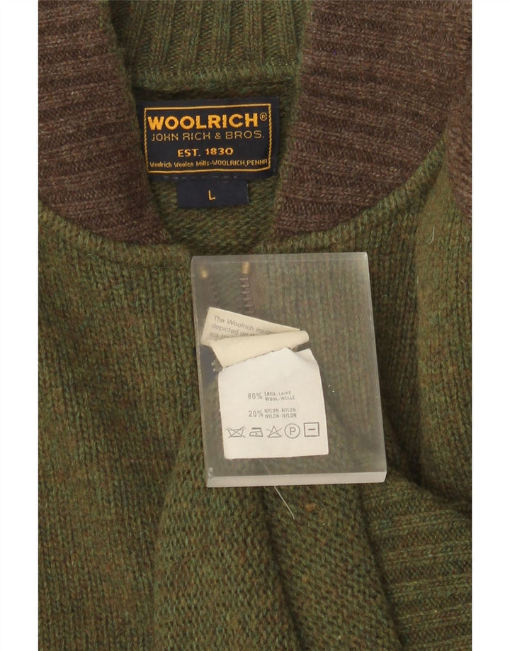 Woolrich Mens Graphic Cardigan Sweater Large Green Colourblock Wool