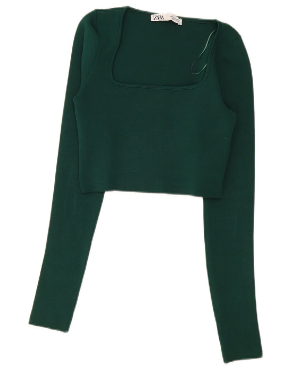 Zara Womens Crop Top Long Sleeve UK 8 Small Green Polyester