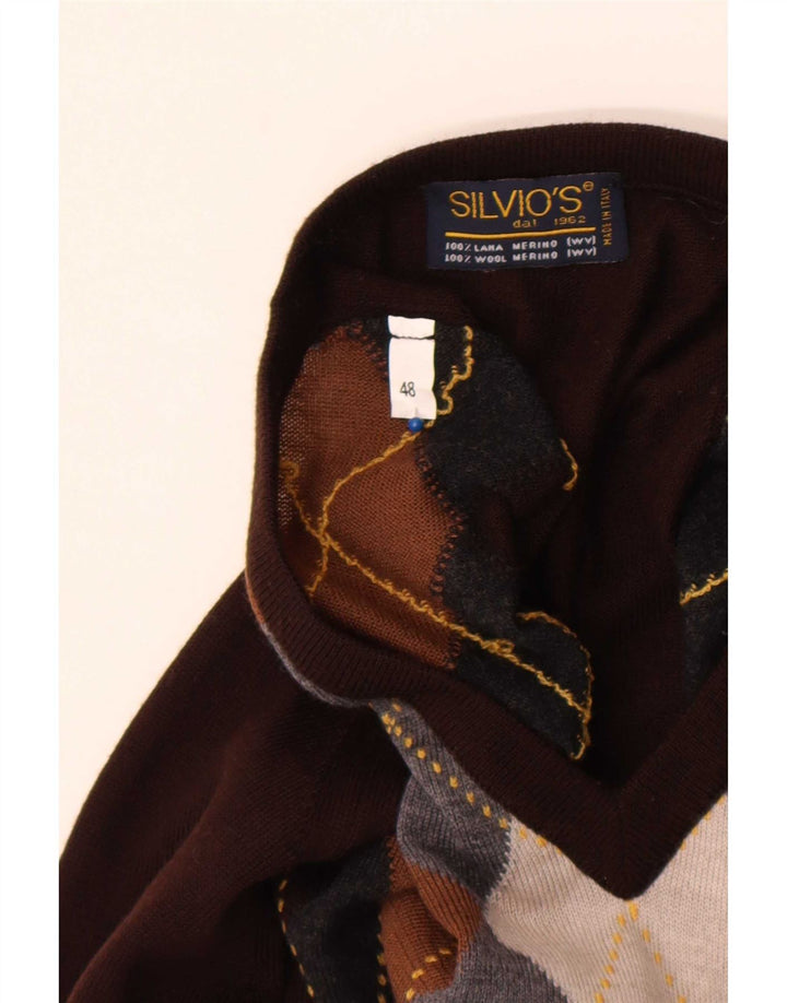 Vintage Mens V-Neck Jumper Sweater IT 48 Medium Brown Argyle/Diamond