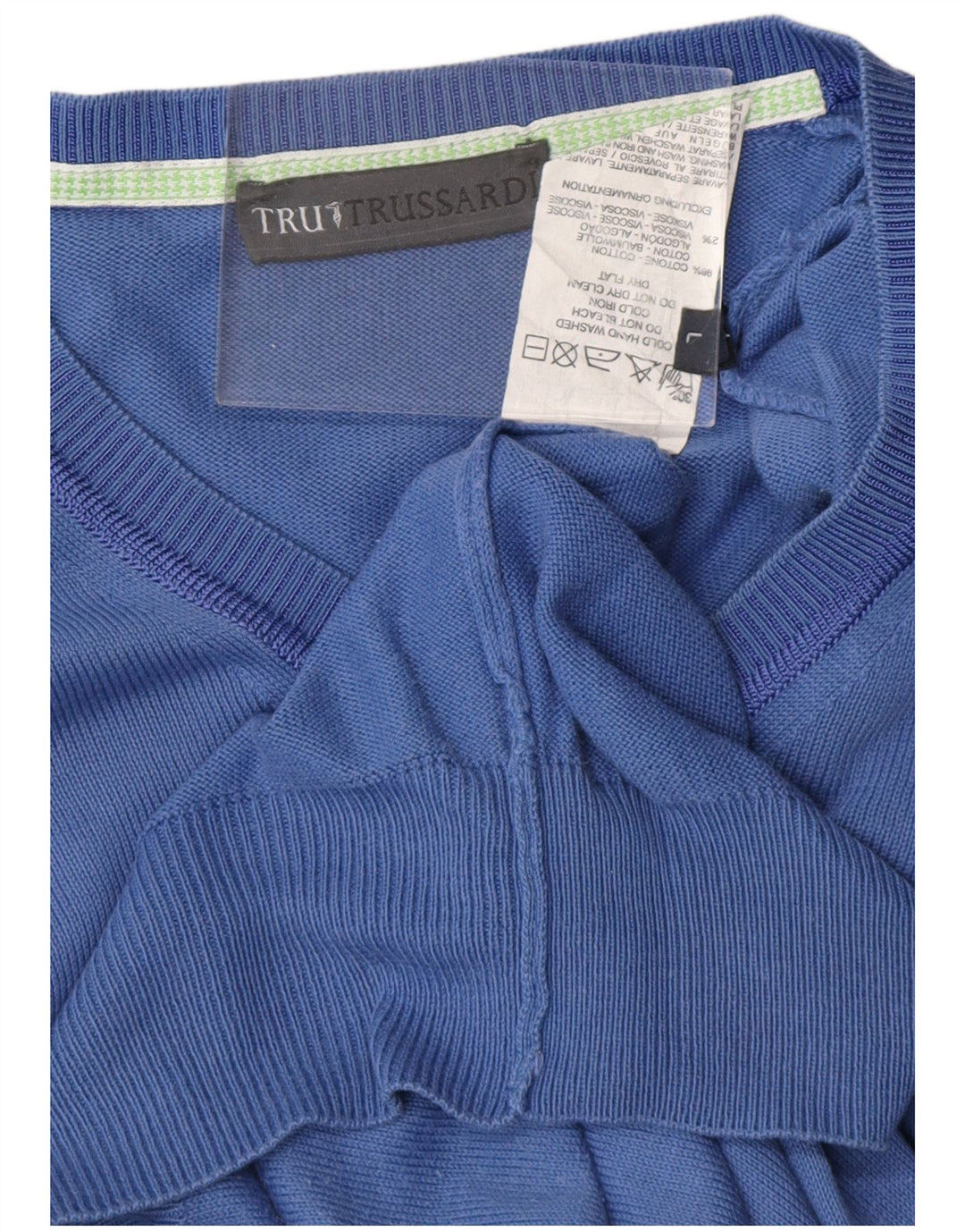 TRUSSARDI Mens V-Neck Jumper Sweater Large Blue Cotton
