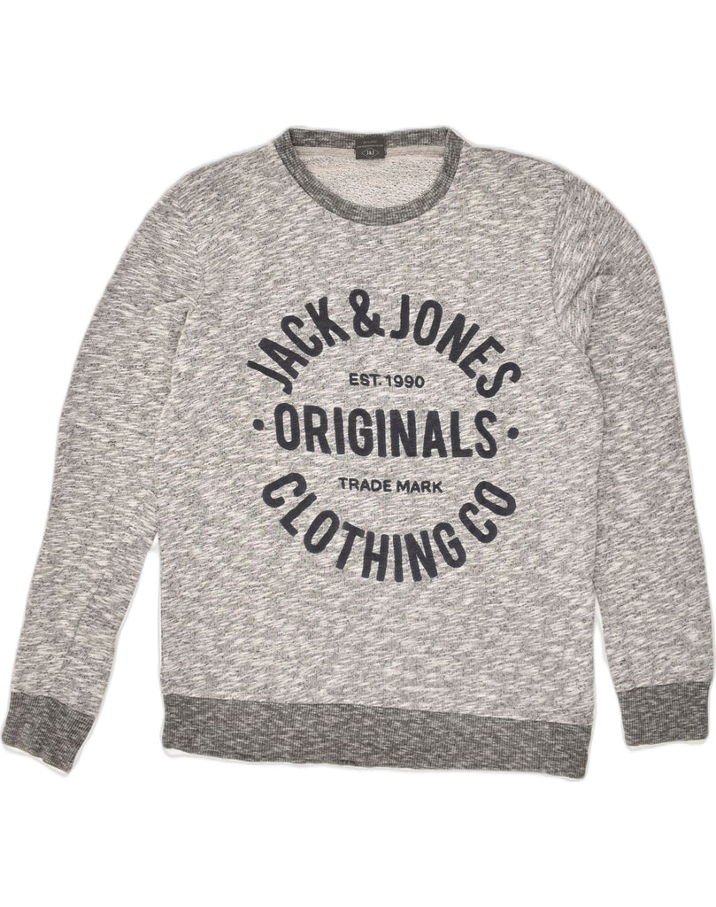 JACK & JONES Mens Graphic Boat Neck Jumper Sweater Medium Grey Flecked | Vintage Jack & Jones | Thrift | Second-Hand Jack & Jones | Used Clothing | Messina Hembry 