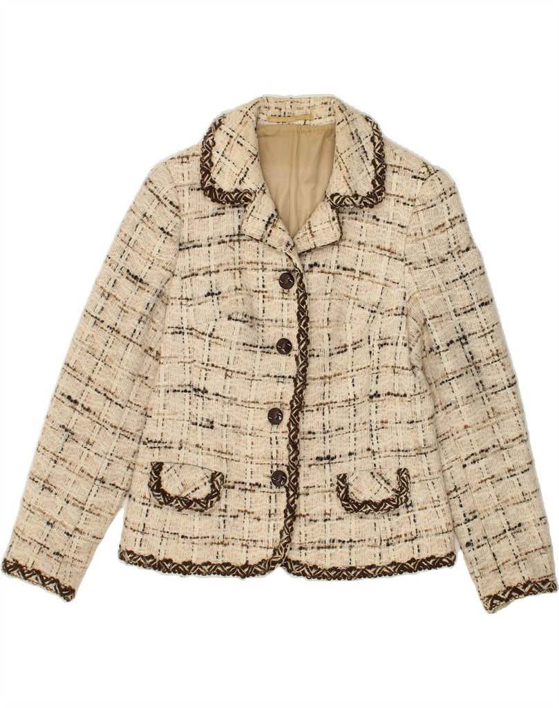 VINTAGE Womens 4 Button Blazer Jacket UK 12 Medium Beige Check Vintage Vintage and Second-Hand Vintage from Messina Hembry 