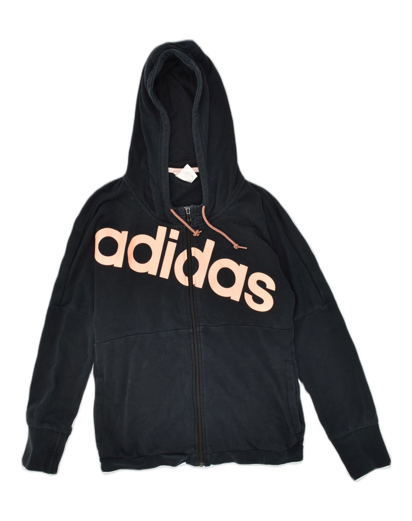 ADIDAS Womens Graphic Zip Hoodie Sweater UK 8 Small Black Cotton | Vintage Adidas | Thrift | Second-Hand Adidas | Used Clothing | Messina Hembry 