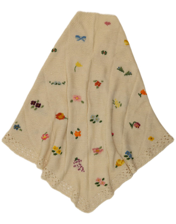 Vintage Womens Hand Knit Knit Shawl One Size  Off White Floral Bohemian