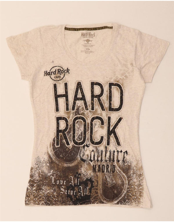 Hard Rock Cafe Womens Madrid Graphic T-Shirt Top UK 12 Medium Beige Flecked
