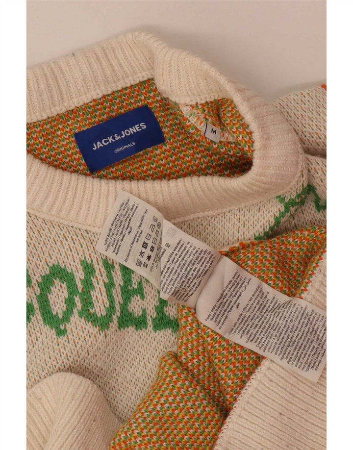 Jack & Jones Mens Graphic Crew Neck Jumper Sweater Medium White Acrylic