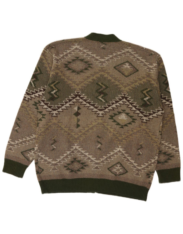 Vintage Mens Cardigan Sweater Large Green Geometric Wool