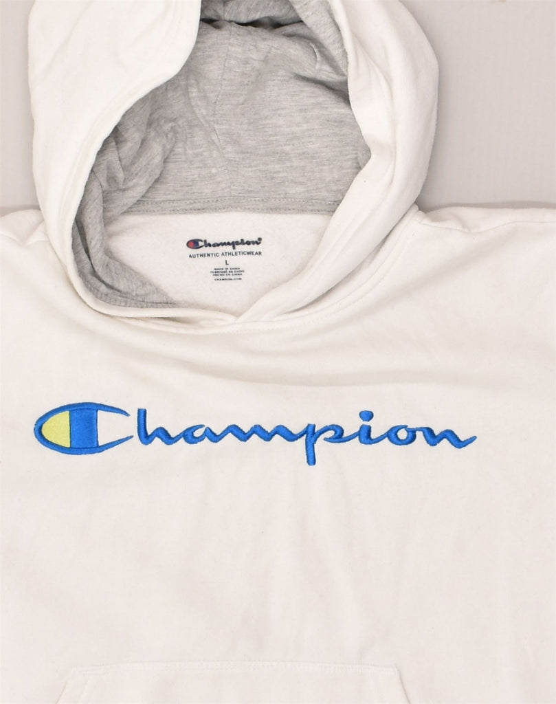 CHAMPION Mens Graphic Hoodie Jumper Large White Cotton | Vintage Champion | Thrift | Second-Hand Champion | Used Clothing | Messina Hembry 