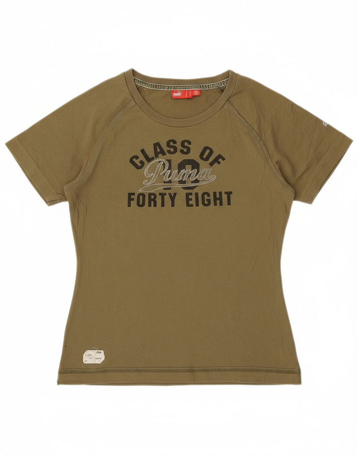 PUMA Womens Graphic T-Shirt Top UK 12 Medium Khaki Cotton