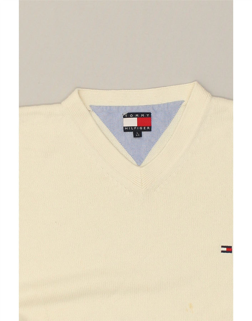 TOMMY HILFIGER Mens V-Neck Jumper Sweater Large Off White Cotton | Vintage Tommy Hilfiger | Thrift | Second-Hand Tommy Hilfiger | Used Clothing | Messina Hembry 