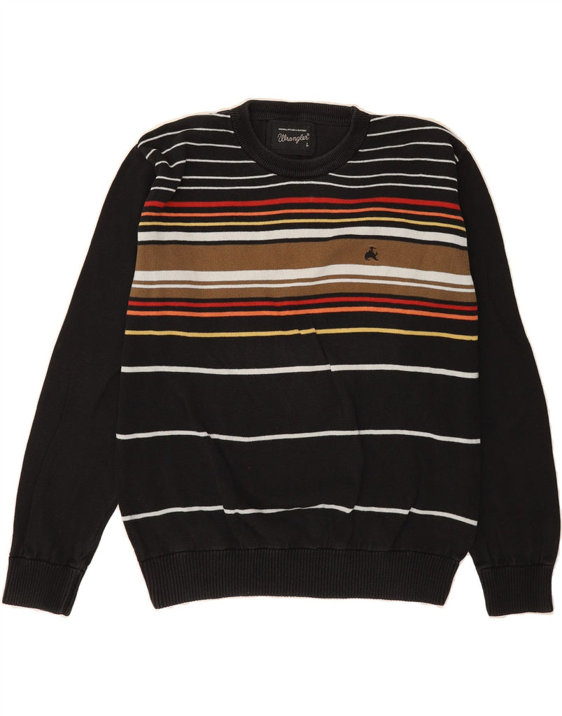 WRANGLER Mens Crew Neck Jumper Sweater Large Black Striped Cotton Vintage Wrangler and Second-Hand Wrangler from Messina Hembry 