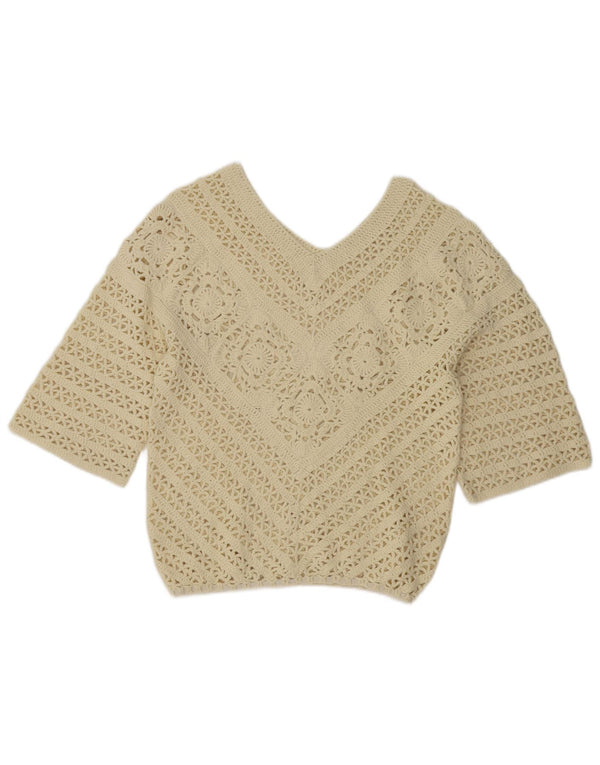 Vintage Womens 3/4 Sleeve V-Neck Jumper Sweater UK 12 Medium Off White