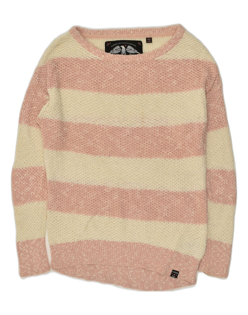 SUPERDRY Womens Boat Neck Jumper Sweater UK 10 Small Beige Striped Nylon | Vintage Superdry | Thrift | Second-Hand Superdry | Used Clothing | Messina Hembry 