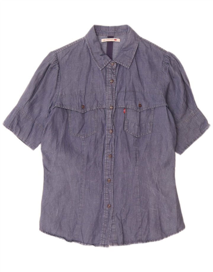 Levi's Womens Short Sleeve Shirt UK 14 Large Blue Cotton