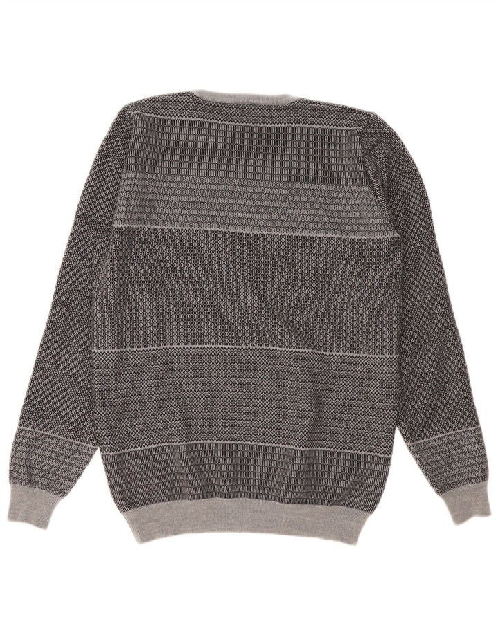 Vintage Mens Crew Neck Jumper Sweater Small Grey Striped Virgin Wool