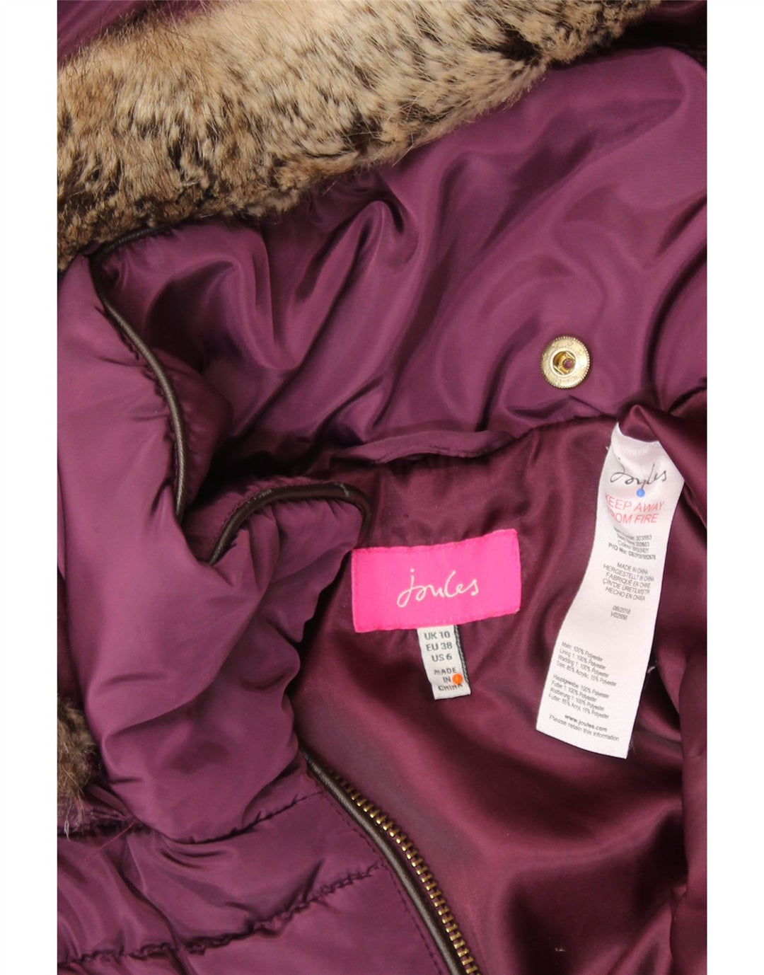 JOULES Womens Hooded Padded Jacket UK 10 Small Burgundy Polyester