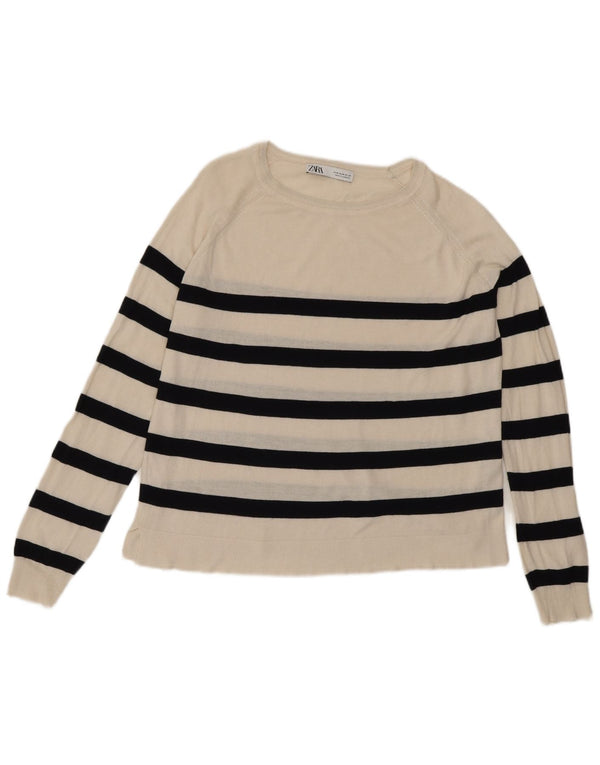 Zara Womens Boat Neck Jumper Sweater UK 14 Medium Off White Striped Viscose