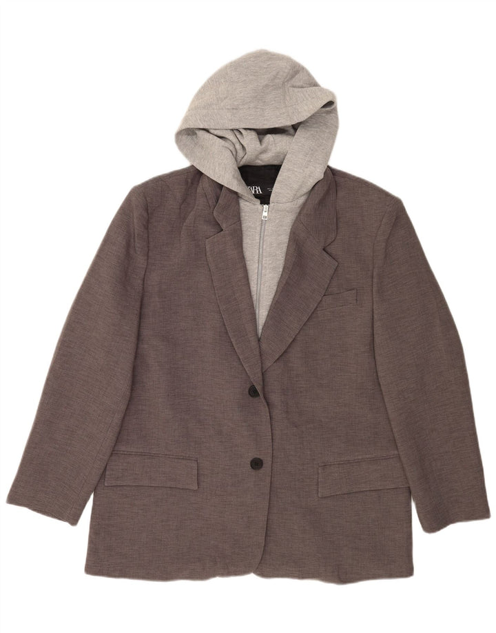Zara Womens 2 Button Hooded Blazer Jacket UK 16 Large Grey