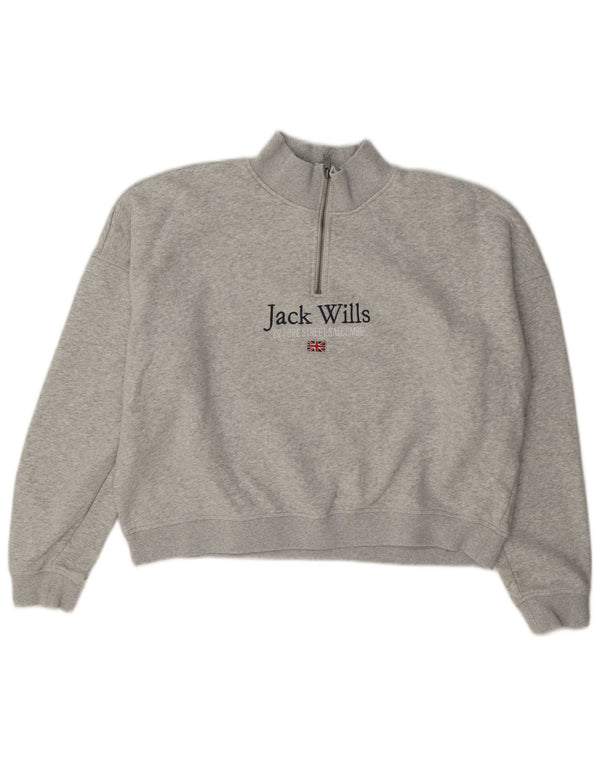 Jack Wills Womens Crop Graphic Zip Neck Sweatshirt Jumper UK 14 Large Grey