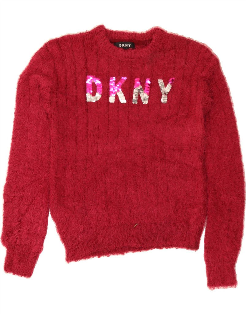 DKNY Girls Graphic Boat Neck Jumper Sweater 9-10 Years Medium Pink Vintage Dkny and Second-Hand Dkny from Messina Hembry 