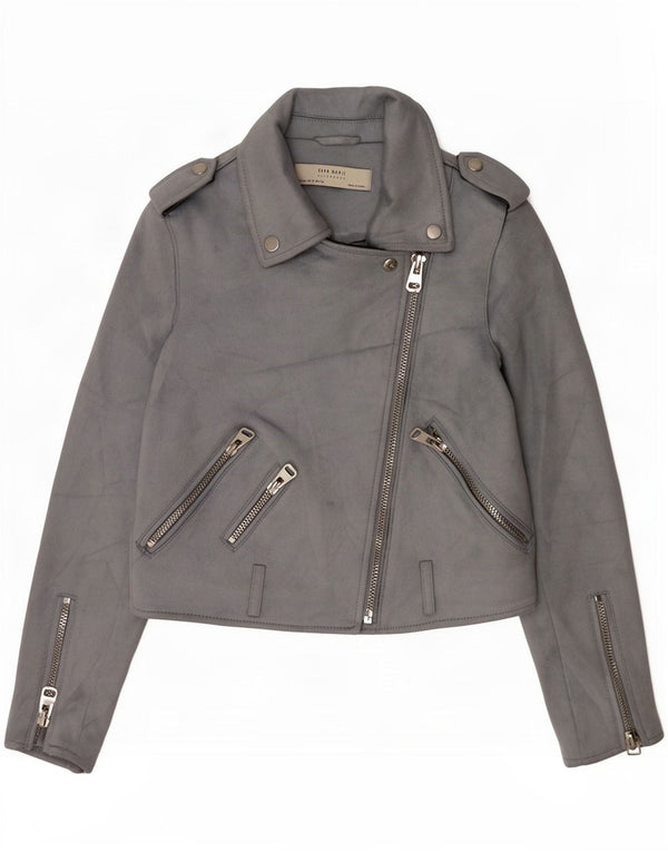 Zara Womens Military Crop Faux Suede Biker Jacket UK 6 XS Grey Polyester