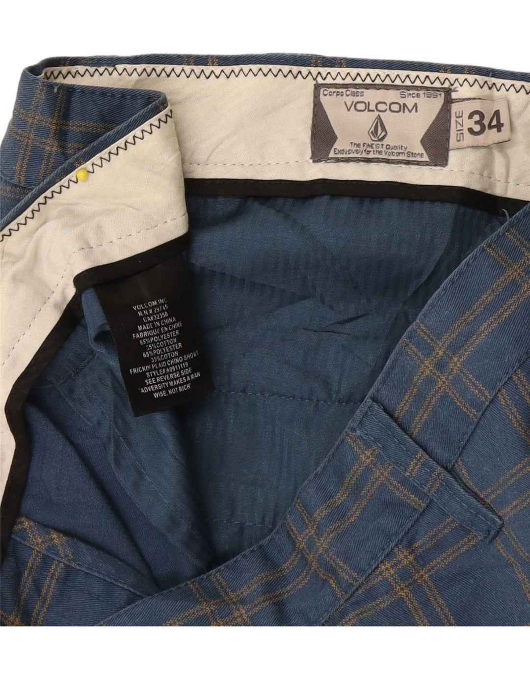 Volcom Mens Chino Shorts W34 Large Blue Check Polyester