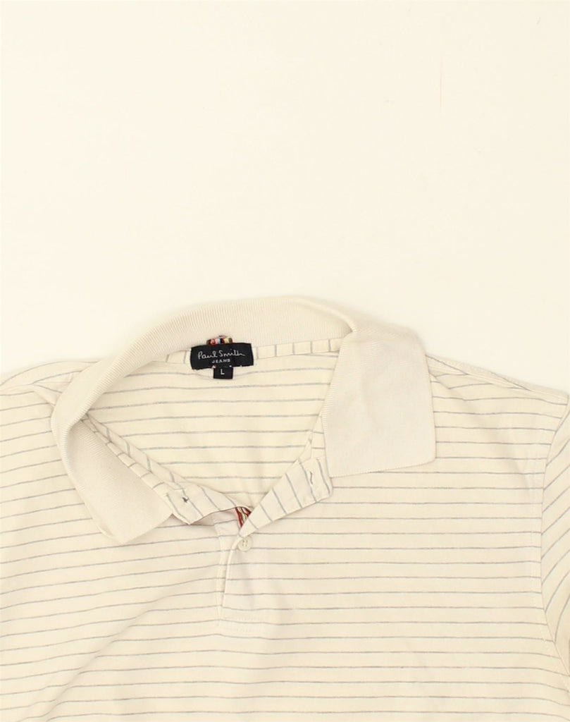 PAUL SMITH Womens Graphic Polo Shirt UK 14 Large Beige Striped Cotton | Vintage Paul Smith | Thrift | Second-Hand Paul Smith | Used Clothing | Messina Hembry 