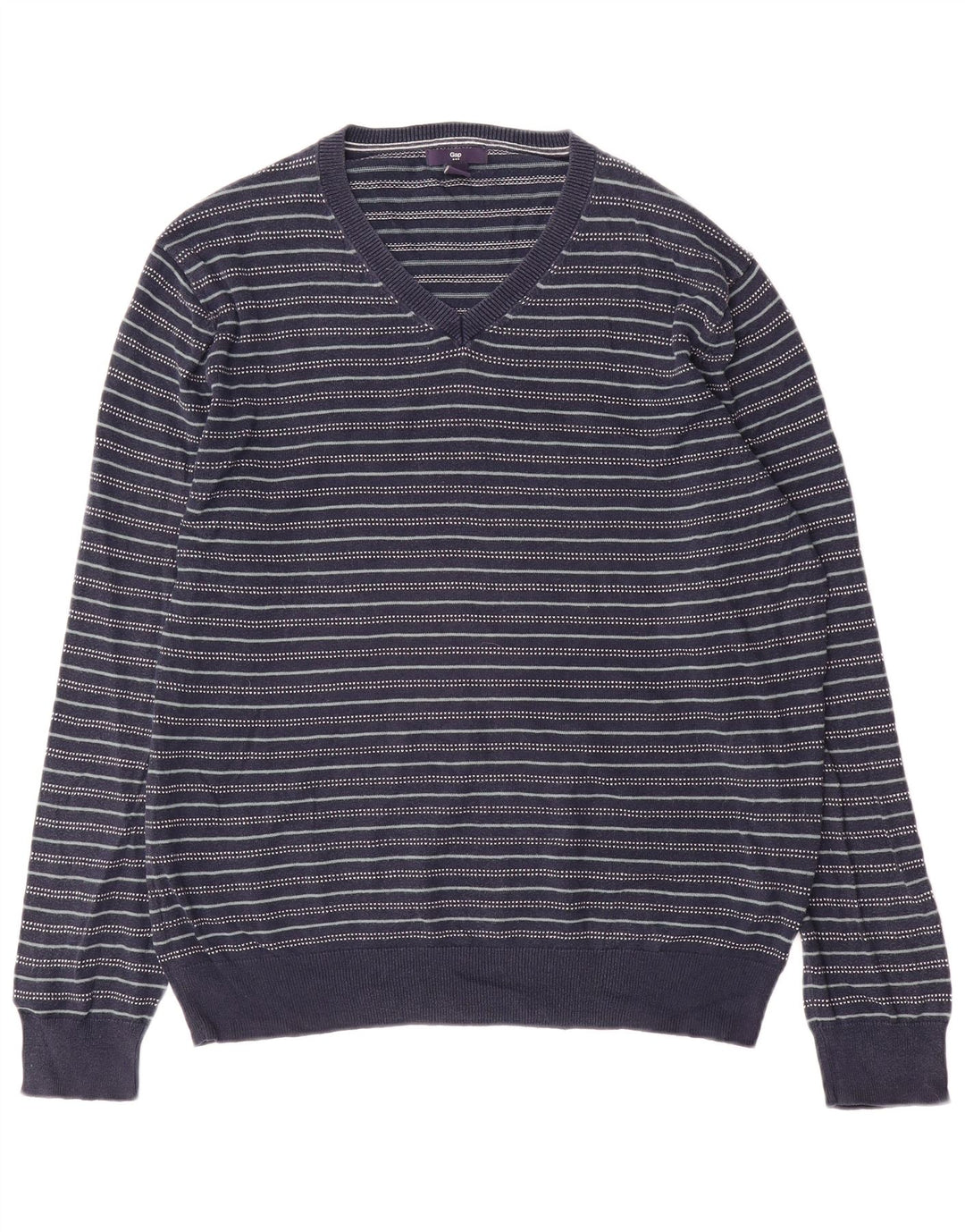 Gap Mens V-Neck Jumper Sweater Medium Navy Blue Striped Cotton