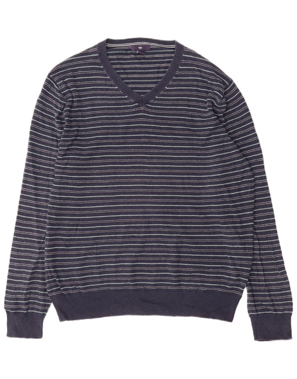 Gap Mens V-Neck Jumper Sweater Medium Navy Blue Striped Cotton